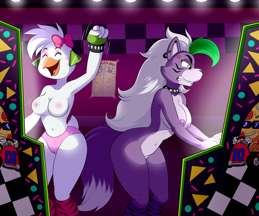 2022 6:5 anthro areola avian bird breasts canid canine canis chicken clothing duo female galliform gallus_(genus) glamrock_chica_(fnaf) hi_res lonbluewolf mammal nipples panties phasianid pink_areola pink_nipples purple_areola purple_nipples roxanne_wolf_(fnaf) underwear video_games wolf // 1500x1250 // 1.0MB