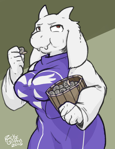 2016 anthro boss_monster bovid breasts caprine clothed clothing digital_media_(artwork) eating female gastropod mammal mollusk rick_griffin simple_background snail solo toriel video_games // 744x963 // 281.6KB