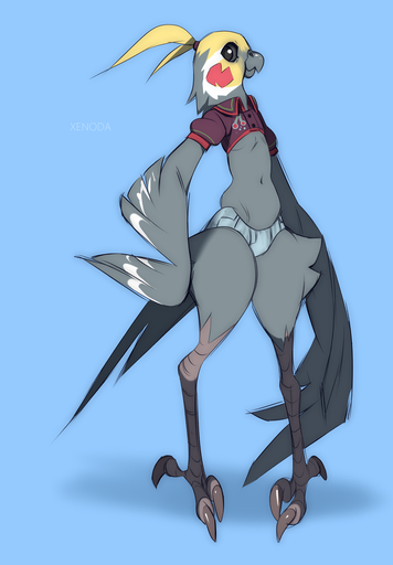 anthro avian barefoot beak biped bird blue_background clothed clothing feathered_wings feathers feet female grey_beak hi_res midriff navel simple_background smile solo wide_hips wings xenoda // 904x1300 // 442.9KB