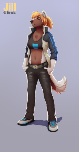 amber_eyes anthro biped blonde_hair breasts canid canine canis cleavage clothed clothing female footwear hair jacket mammal shoes simple_background solo stoopix tomboy topwear wolf // 490x938 // 296.1KB