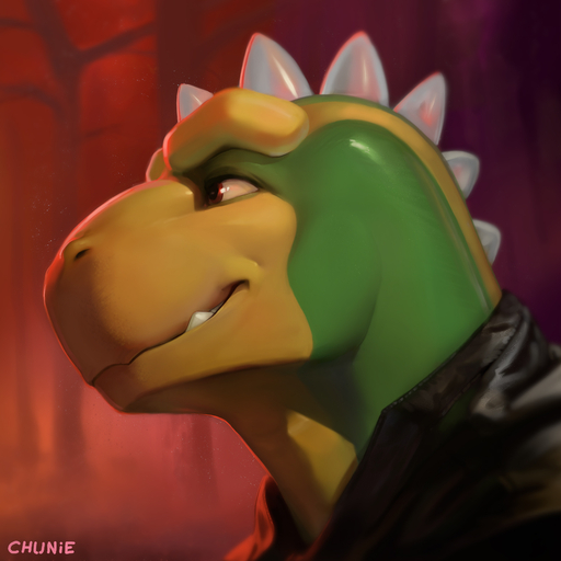 1:1 2018 anthro bust_portrait chunie clothing detailed_background digital_media_(artwork) green_body green_scales hi_res jacket leather leather_clothing leather_jacket leather_topwear lizard male outside portrait red_eyes reptile scales scalie solo spikes topwear yellow_body yellow_scales // 1280x1280 // 407.7KB