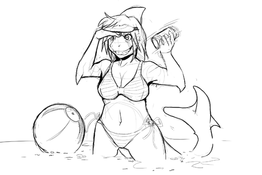 anthro ball beach beach_ball bikini biped breasts cleavage clothed clothing corablue female fish hi_res inflatable marine monochrome navel non-mammal_breasts outside pool_toy seaside shark simple_background sketch skimpy smile solo standing swimwear visor water // 2000x1340 // 459.0KB