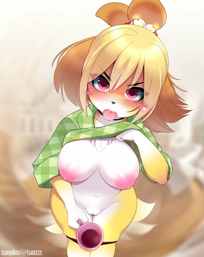 anthro areola big_breasts blush breasts canid canine canis clothed clothing domestic_dog female fur genitals hair hi_res isabelle_(animal_crossing) looking_at_viewer mammal nipples pussy shih_tzu solo tongue toy_dog tsampikos video_games yellow_body yellow_fur // 1593x2000 // 245.6KB