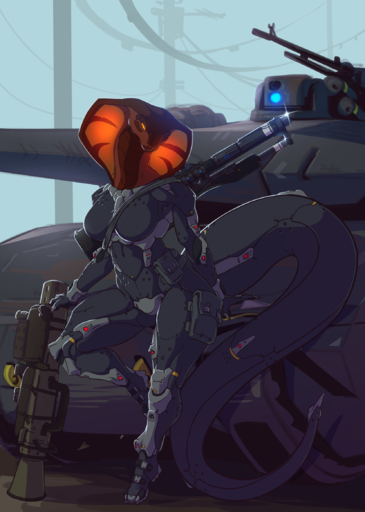 anthro armor bodysuit clothing cobra digital_media_(artwork) female gun hi_res looking_at_viewer nanosuit ranged_weapon reptile rifle rube scalie shaded silel skinsuit snake solo standing tank thick_thighs tight_clothing vehicle weapon wide_hips // 1662x2331 // 1.4MB