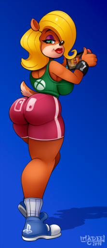 2018 4_fingers activision anthro bandicoot black_nose blonde_hair bottomwear breasts butt clothing crash_bandicoot_(series) eyeshadow female fingers footwear game_console gradient_background green_eyes hair hi_res holding_object hotpants imadeej legwear lipstick logo looking_at_viewer makeup mammal marsupial microsoft nintendo nintendo_switch panties panty_lines playstation shirt shoes shorts simple_background smile socks solo sony_corporation sony_interactive_entertainment standing steam_(software) tank_top tawna_bandicoot topwear underwear valve video_games wristband xbox xbox_game_studios // 554x1280 // 614.5KB