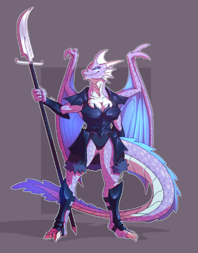 5_fingers anthro armor blue_eyes breasts butt_from_the_front claws cleavage clothed clothing collarbone dragon female fingers front_view full-length_portrait grey_background hi_res holding_object holding_weapon looking_at_viewer membrane_(anatomy) membranous_wings non-mammal_breasts portrait purple_body purple_scales purple_spots rube scales scalie shin_guards shoulder_guards simple_background solo spots standing toe_claws weapon white_body white_scales white_spots wings // 1812x2318 // 1.7MB