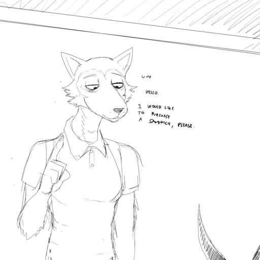 1:1 2020 5_fingers anthro beastars canid canine canis clothed clothing dialogue english_text fingers hi_res hladilnik legoshi_(beastars) male mammal monochrome polo_shirt shirt sketch text topwear wolf // 1280x1280 // 112.1KB