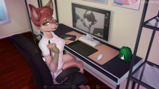 16:9 2020 anthro azuree brown_hair canid canine canis clothed clothing day detailed_background digital_media_(artwork) eyebrows eyelashes eyewear female glasses hair hi_res inside luuka mammal shaded sitting smile valkoinen widescreen wolf // 1920x1080 // 1.6MB