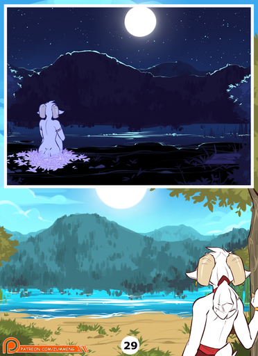 anthro bare_back biped bovid caprine clothed clothing comic day detailed_background female gloria_(zummeng) goat hi_res horn mammal moon night nude sitting sky solo standing star starry_sky topless water zummeng // 930x1280 // 726.2KB