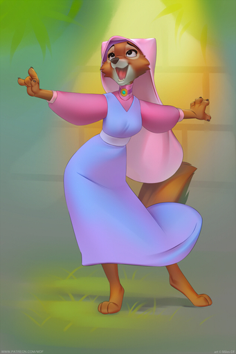 2017 3_toes 4_fingers anthro barefoot biped breasts canid canine cheek_tuft clothed clothing colorful colorful_background dress facial_tuft feet female fingers fox headgear headwear looking_up maid_marian mammal miles_df open_mouth pink_clothing pink_headwear pink_topwear purple_clothing purple_dress singing solo toes topwear tuft veil wimple // 633x950 // 381.2KB