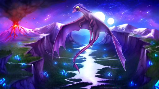 16:9 ambiguous_gender curved_horn detailed_background dragon feral flying hi_res horn membrane_(anatomy) membranous_wings moon neytirix night nude purple_body purple_skin sky smoke solo spines star starry_sky volcano wings // 1920x1080 // 510.3KB
