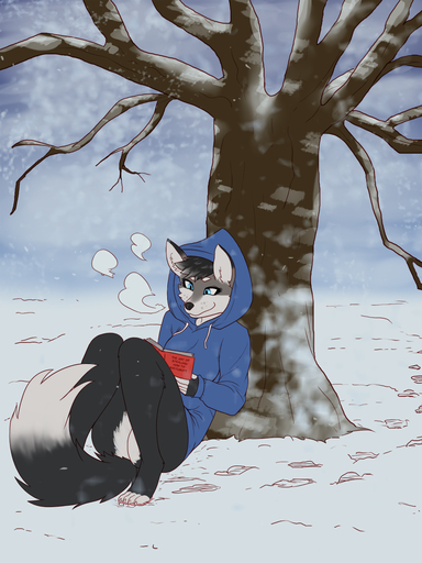 3:4 anthro blue_clothing blue_eyes blue_hoodie blue_topwear book breasts breath canid clothing dipstick_tail female footprint general-irrelevant hair hi_res holding_book holding_object hoodie mammal markings outside plant smile snow solo tail_markings topwear tree // 1080x1440 // 1016.7KB