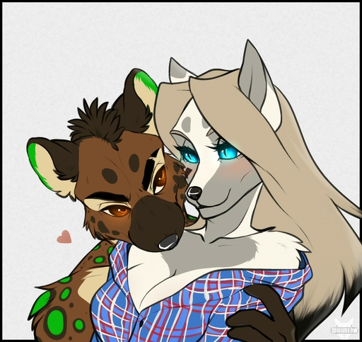 <3 anthro anthro_on_anthro black_hair blonde_hair blue_eyes blush breasts brown_body brown_eyes brown_fur catherinemeow clothed clothing domestic_cat duo felid feline felis female fur green_body green_fur grey_body grey_fur hair hi_res hyaenid interspecies love male malefemale mammal multicolored_body multicolored_fur multicolored_hair romantic_ambiance romantic_couple simple_background two_tone_body two_tone_fur two_tone_hair white_body white_fur // 1280x1207 // 287.9KB