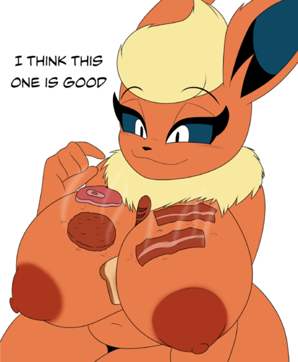 absurd_res animated anthro areola bacon big_breasts big_butt blue_sclera bodily_fluids breasts burger butt curvy_figure dialogue digital_drawing_(artwork) digital_media_(artwork) eeveelution female flareon food food_fetish food_on_body food_play fur hair hi_res huge_breasts lobokosmico mammal meat nipples nude orange_areola orange_body orange_fur orange_nipples pokemon_(species) sausage short_stack simple_background slightly_chubby solo text thick_thighs video_games white_eyes // 1996x2424 // 838.8KB