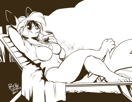 2017 4_toes anthro barefoot biceps breasts claws cleft_tail clothing eyewear fan_character feet female fur hair jenna_(rick_griffin) mammal monochrome pikachu pokemon_(species) rick_griffin sketch solo summer sunglasses swimwear toes video_games // 1155x893 // 423.4KB
