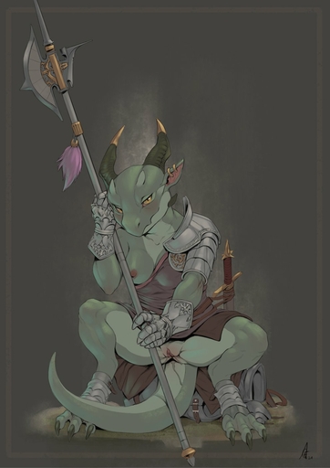 2021 anthro armor bodily_fluids breasts clothed clothing crestfallenartist ear_piercing ear_ring female front_view full-length_portrait gauntlets genital_fluids genitals gloves green_body halberd handwear hi_res holding_object holding_weapon horn kobold looking_at_viewer melee_weapon nipples non-mammal_breasts non-mammal_nipples one_breast_out partially_clothed pauldron piercing polearm portrait pussy pussy_juice scalie sitting solo spread_legs spreading weapon // 990x1400 // 109.8KB