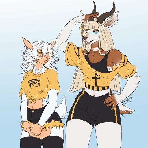 1:1 2019 5_fingers antelope anthro blue_eyes bovid caprine clothed clothing digital_media_(artwork) duo eyebrows eyelashes female fingers gazelle hair hazakyaracely hi_res horn male mammal open_mouth sheep smile standing teeth tongue white_hair yellow_eyes // 1800x1800 // 294.1KB