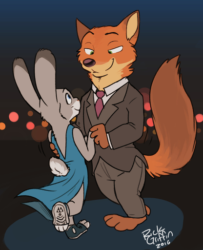 2016 anthro barefoot biped black_tie_(suit) canid canine clothed clothing dancing digital_media_(artwork) dress duo eye_contact feet female fox fur green_eyes grey_body grey_fur judy_hopps lagomorph leporid long_ears looking_at_another male mammal nick_wilde open-back_dress orange_body orange_fur purple_eyes rabbit rear_view red_fox rick_griffin side_slit smile suit vulpes // 595x733 // 247.2KB