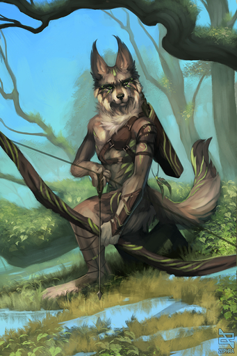 2019 5_fingers anthro arrow black_nose brown_body brown_fur canid canine canis clothed clothing day detailed_background digital_media_(artwork) fingers forest fur grass green_eyes hi_res holding_bow holding_object holding_weapon male mammal outside plant solo tree weapon wolf zephra // 853x1280 // 1.5MB