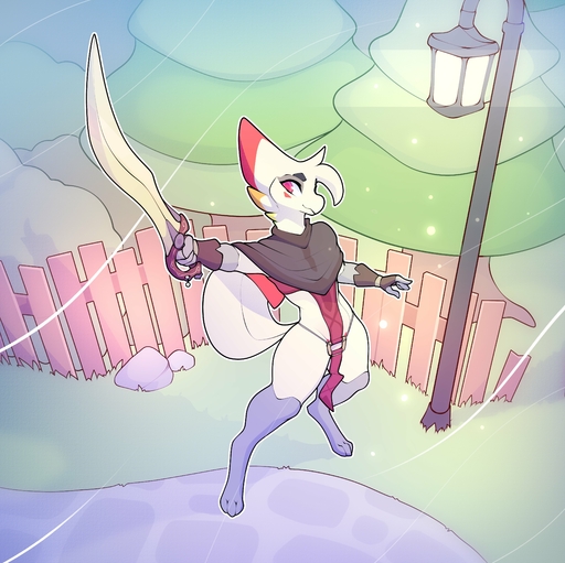 3_toes 4_fingers absurd_res anthro avian barefoot conditional_dnp digital_media_(artwork) feet fingers grass hi_res holding_object holding_sword holding_weapon laefa_padlo melee_weapon nonbinary_(lore) pink_eyes plant qualzar shaded smile solo standing sword toes weapon // 4096x4087 // 1.5MB