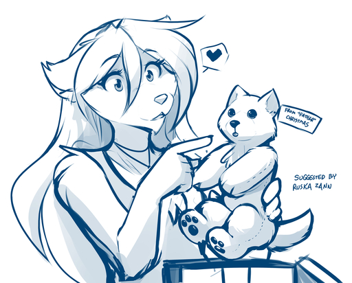 2020 <3 anthro blep blue_and_white box canid canine canis chest_tuft christmas conditional_dnp english_text female gesture gift hi_res holding_object holidays keidran mammal monochrome plushie pointing raine_silverlock simple_background sketch smile solo text tom_fischbach tongue tongue_out toy tuft twokinds webcomic webcomic_character white_background wolf // 1592x1280 // 655.2KB