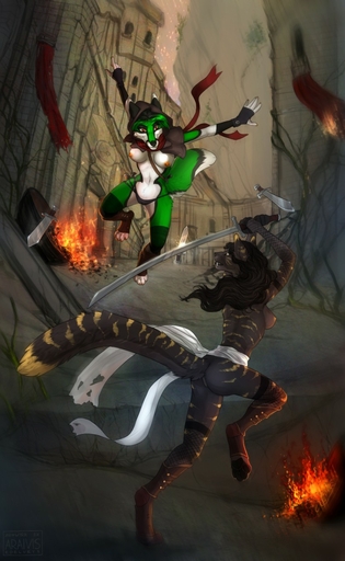 4_toes 5_fingers anthro araivis-edelveys areola armor black_hair black_nose black_pawpads breasts canid canine clothed clothing day detailed_background duo feet felid female fingers fire fishnet fox fur graith greaves green_body green_fur grey_body grey_fur hair hi_res holding_object holding_sword holding_weapon machairodontine mammal melee_weapon myra_hayes navel nipples outside pawpads sash scarf striped_body striped_fur stripes sword toes topless weapon white_body white_fur wide_hips yellow_body yellow_fur // 788x1280 // 185.1KB