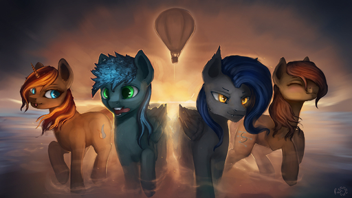 16:9 aircraft balloon blonde_hair blue_eyes blue_hair brown_hair cutie_mark detailed_background digital_media_(artwork) digital_painting_(artwork) equid equine eyes_closed fan_character feathered_wings feathers female feral fur green_eyes grey_body grey_fur group hair hasbro hi_res horn horse hot_air_balloon male mammal my_little_pony open_mouth outside pegasus photonoko red_hair sunset teeth tongue unicorn water widescreen wings yellow_eyes // 1920x1080 // 931.1KB