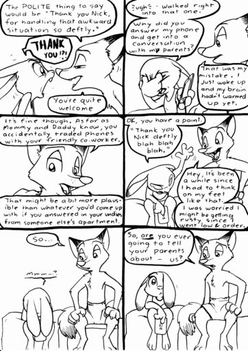 2016 angry anthro bed black_and_white canid canine chest_tuft clothed clothing comic dialogue disney duo english_text eric_schwartz eyes_closed female fox furniture hi_res inside judy_hopps lagomorph leporid male malefemale mammal monochrome nick_wilde phone predatorprey rabbit sitting skimpy text topless tuft zootopia // 906x1280 // 315.0KB