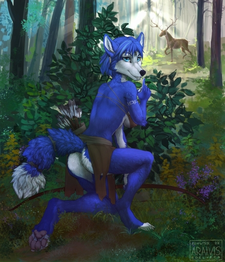 2017 4_toes 5_fingers accessory anthro antlers araivis-edelveys archer arrow bare_back bare_shoulders barefoot black_nose blue_body blue_eyes blue_fur blue_hair bow_(weapon) breasts butt canid canine cervid clothing day daylight detailed_background digitigrade dipstick_tail duo english_text eyelashes feet female feral fingers forest fox fur grass hair hair_accessory hi_res holding_object holding_weapon horn hunter jewelry krystal looking_at_viewer mammal markings multicolored_tail nintendo outside plant quiver ranged_weapon short_hair smile solo_focus star_fox tailband teeth text toes tree video_games weapon white_body white_fur // 1097x1280 // 286.2KB