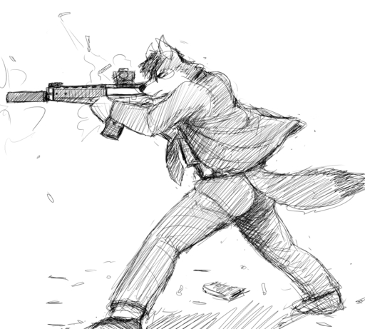 anthro assault_rifle black_and_white canid canine canis clothed clothing fully_clothed gun hair hladilnik jacket male mammal monochrome necktie ranged_weapon rifle sg_551 silencer solo topwear weapon wolf // 1280x1152 // 1.0MB