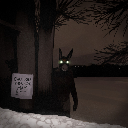 1:1 2019 anthro asinus bottomwear clothed clothing creepy donk donkey english_text equid equine glowing glowing_eyes hair hi_res hladilnik horse long_ears male mammal night nightmare_fuel outside plant rabies shorts solo stare text topless tree // 1920x1920 // 4.5MB