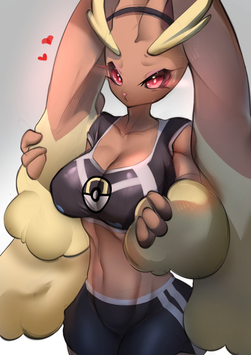 2022 3_fingers <3 absurd_res animahakim anthro athletic athletic_female big_breasts blush bodily_fluids bottomwear bra breasts cleavage clothed clothing eyebrows eyelashes female fingers grey_background hi_res long_ears looking_at_viewer lopunny midriff navel pink_nose pokemon_(species) red_eyes red_slcera shorts simple_background solo sports_bra sweat underwear video_games // 2480x3508 // 872.1KB