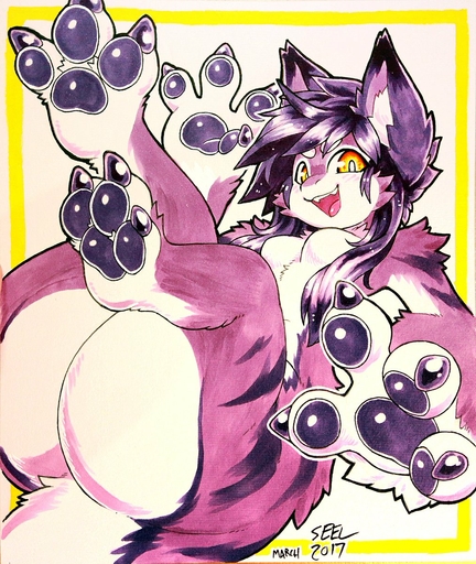 2017 4_fingers anthro bent_knees big_butt breasts butt butt_focus butt_pose cheek_tuft claws cute_fangs facial_tuft female fingers fluffy fur hair hi_res hindpaw huge_butt inner_ear_fluff kemono knees_bent looking_at_viewer lying mammal multicolored_body multicolored_fur nude on_back outline pawpads paws pose pupils purple_body purple_fur purple_hair seel_kaiser shoulder_tuft simple_background slit_pupils smile solo stripes thick_thighs tongue tsukiyo tuft two_tone_body two_tone_fur unknown_species white_body white_fur yellow_eyes // 1013x1200 // 290.7KB