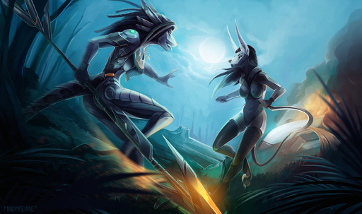 2018 5_fingers anthro armor black_hair breasts canid canine canis clothed clothing detailed_background digital_media_(artwork) duo female fingers hair hi_res holding_object holding_weapon jackal jacktor mammal mindmachine moon night open_mouth outside rela sky tongue weapon // 1600x946 // 2.1MB