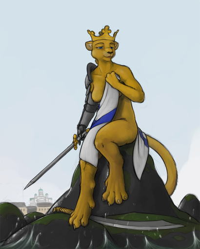 4:5 anthro covering covering_self crown felid female finland finnish_flag flag holding_object holding_sword holding_weapon ipoke lion mammal melee_weapon pantherine queen royalty scimitar solo sword symbolism weapon // 800x1000 // 295.3KB