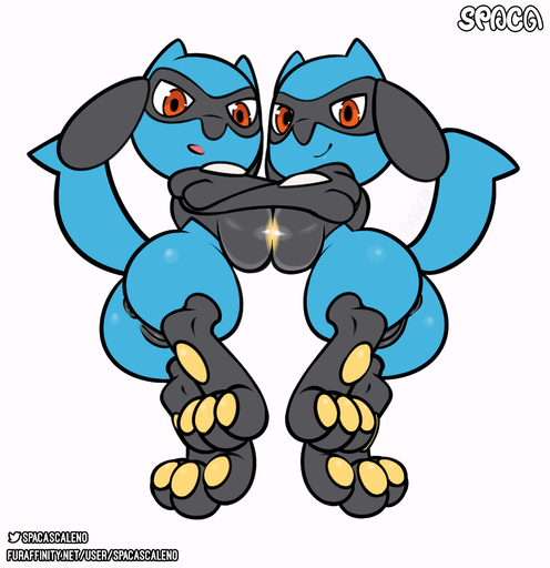 absurd_res anus big_breasts blue_body breasts butt canid canine digital_media_(artwork) duo female femalefemale feral genitals hi_res humanoid looking_at_viewer mammal nintendo nude open_mouth pawpads paws pokemon pokemon_(species) pussy riolu simple_background smile smiling_at_viewer spaca video_games // 3393x3500 // 1.8MB