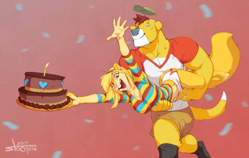2017 anthro birthday blonde_hair blue_eyes bottomwear breasts brown_hair buckteeth cake candle canid canine canis carrying chest_tuft cleavage clothed clothing countershading dessert dipstick_tail domestic_dog duo female food fully_clothed fur hair happy hat headgear headwear hi_res male mammal maybell midriff multicolored_tail muscular muscular_male open_mouth pink_nose red_eyes rodent sciurid shirt shorts smile stoopix teeth topwear tree_squirrel tuft yellow_body yellow_fur // 1852x1177 // 1.2MB