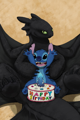 2016 2:3 4_fingers 4_toes abstract_background absurd_res alien ambiguous_gender birthday birthday_cake black_body black_eyes black_scales blue_body blue_claws blue_fur blue_pawpads blue_penis cake claws crossover dessert disney dragon dreamworks duo english_text erection experiment_(lilo_and_stitch) feet feral fingers food food_fetish food_penetration food_play fur genitals green_eyes green_sclera happy_birthday hi_res how_to_train_your_dragon improvised_sex_toy lilo_and_stitch looking_at_viewer male membrane_(anatomy) membranous_wings night_fury open_mouth open_smile pawpads paws penis raised_arm scales scalie signature simple_background size_difference smile stardragon102 stitch_(lilo_and_stitch) tan_background text toes tongue toothless western_dragon wings // 2000x3000 // 1.7MB