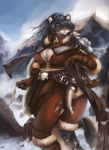 2018 absurd_res anthro armor axe big_breasts black_hair breasts cleavage clothed clothing day detailed_background digital_media_(artwork) felid female fur green_eyes grey_body grey_fur hair hi_res horn leather leather_armor mammal melee_weapon merrunz mountain multicolored_body multicolored_fur outside pantherine pink_nose plant scarf sky snow snow_leopard spots tree two_tone_body two_tone_fur weapon whiskers // 1860x2560 // 1.7MB