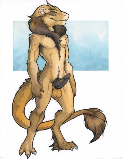 anthro balls chest_tuft digitigrade dragon felid fur genitals hi_res hybrid lion looking_at_viewer male mammal mane nude pantherine penis ruaidri smile solo tuft yellow_eyes // 1012x1315 // 1.4MB