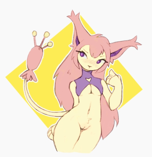anthro blush bottomless breasts clothed clothing digital_media_(artwork) female fur genitals hair hi_res long_hair looking_aside mostly_nude navel peach_pussy pink_hair pokemon_(species) portrait purple_clothing purple_eyes purple_topwear pussy shy simple_background skitty small_breasts solo tan_body tan_fur three-quarter_portrait topwear video_games waspsalad // 2222x2295 // 236.3KB