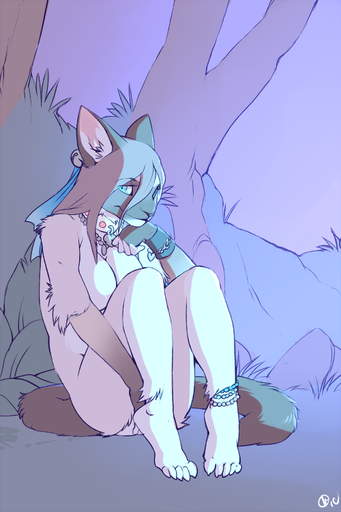 2:3 anthro bell blue_eyes bracelet collar detailed_background domestic_cat felid feline felis female forest jewelry looking_at_viewer mammal nature nude outside patto plant ragdoll_cat sky solo tree wood // 500x750 // 233.2KB