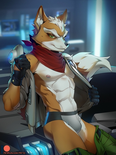 3:4 abs anthro bottomwear bottomwear_down briefs canid canine clothed clothing fox fox_mccloud gloves handwear hi_res jacket male mammal muscular muscular_male pants pants_down partially_clothed patto pecs scarf smile smirk solo topwear underwear undressing video_games // 1125x1500 // 229.5KB