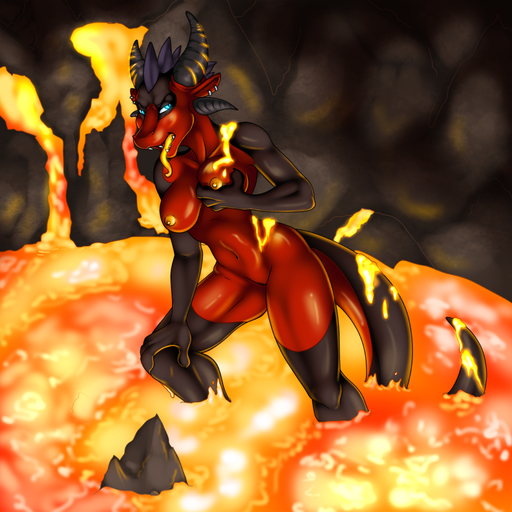 1:1 anthro breasts derecho digital_media_(artwork) dragon female fire fivel genitals heat_(temperature) horn lava long_tongue nipples non-mammal_breasts nude orange_theme partially_submerged pussy scalie solo tongue tongue_out volcano // 1000x1000 // 898.7KB