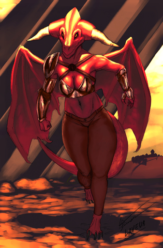 anthro armor athosvds breasts cleavage clothed clothing dragon female hi_res horn laveur membrane_(anatomy) membranous_wings non-mammal_breasts orange_eyes red_body red_skin solo wings // 1360x2069 // 2.6MB