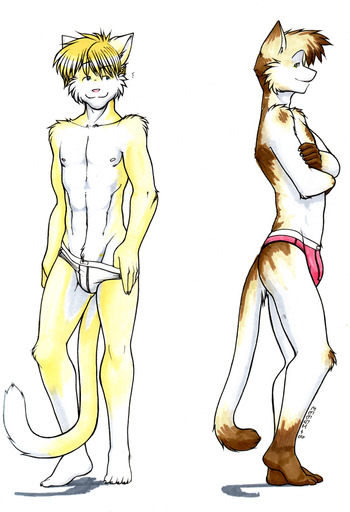 2006 anthro blonde_hair bottomwear briefs brown_body brown_fur claws clothed clothing clothing_pull crossed_arms digital_media_(artwork) domestic_cat duo felid feline felis front_view full-length_portrait fur gloves_(marking) hair leg_markings male malemale mammal marker_(artwork) markings meesh multicolored_body multicolored_fur nipples pink_bottomwear pink_clothing pink_nose portrait pubes short_hair side_view simple_background smile socks_(marking) standing tail_between_legs toe_claws topless traditional_media_(artwork) two_tone_body two_tone_fur underwear underwear_pull undressing white_background white_body white_bottomwear white_clothing white_fur yellow_body yellow_fur // 684x1000 // 381.1KB