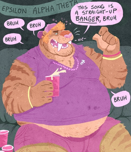 alcohol anthro beer belly beverage big_belly clothed clothing dialogue dramamine drunk english_text felid hi_res holding_object jewelry machairodontine male mammal midriff necklace overweight overweight_anthro overweight_male party solo speech_bubble substance_intoxication text wristband // 1103x1280 // 352.6KB