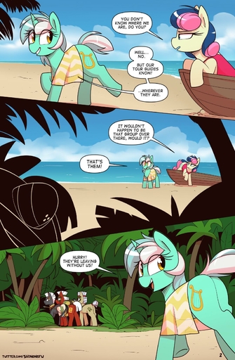 beach blue_eyes blue_hair boat bonbon_(mlp) butt clothing cloud comic cutie_mark dialogue duo ear_piercing ear_ring english_text equid equine female feral fur green_body green_fur green_horn grey_body grey_fur group hair hi_res horn horse looking_at_another looking_back lyra_heartstrings_(mlp) mammal markings melee_weapon multicolored_hair open_mouth outside piercing pink_hair plant polearm pony red_body red_fur sand seaside shinodage smile spear speech_bubble text tree two_tone_hair unicorn url vehicle walking watercraft weapon white_hair yellow_body yellow_eyes yellow_fur // 1080x1649 // 235.3KB