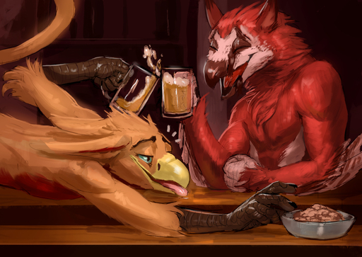 accipitrid accipitriform alcohol anthro avian bar bearded_vulture beer beverage bird canid canine drinking drunk duo english_text gavin_stien gryphon hybrid killioma male mammal mythological_avian old_world_vulture red_vernal_(killioma) substance_intoxication text vulture // 1280x908 // 935.5KB
