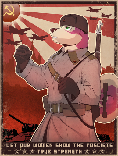 aircraft airplane anthro belt canid canine canis clothing coat communism conditional_dnp domestic_dog english_text female gloves green_eyes gun hammer_and_sickle handwear hat headgear headwear hi_res husky mammal nordic_sled_dog politics poster propaganda ranged_weapon russian scappo solo soviet_union spitz t-34 t-34_(1942) tank tavia text topwear uniform ushanka vehicle weapon // 908x1201 // 920.3KB